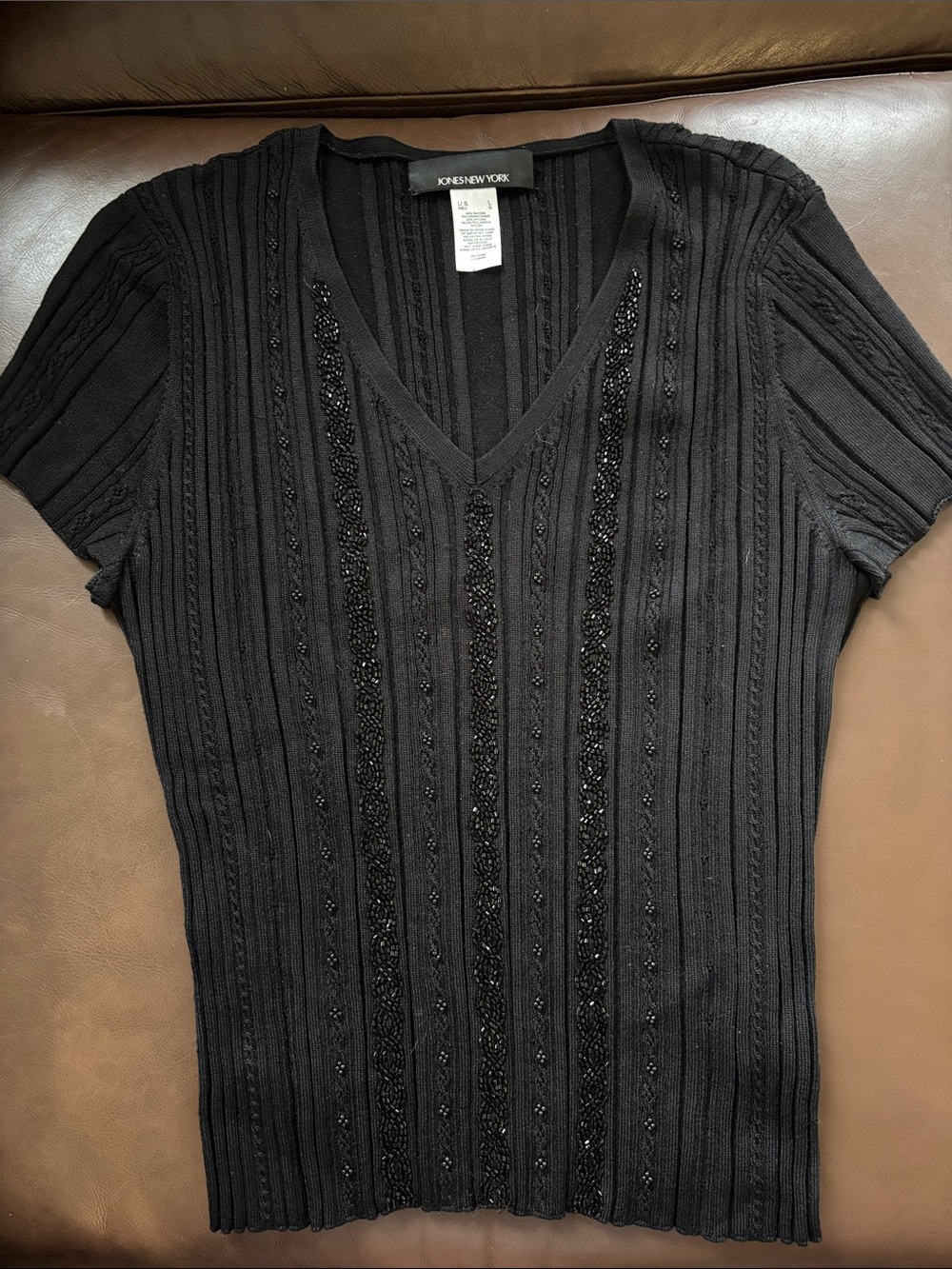 Black Ribbed V-Neck Short Sleeve Top with Beaded Stripes Y2K L Jones New York